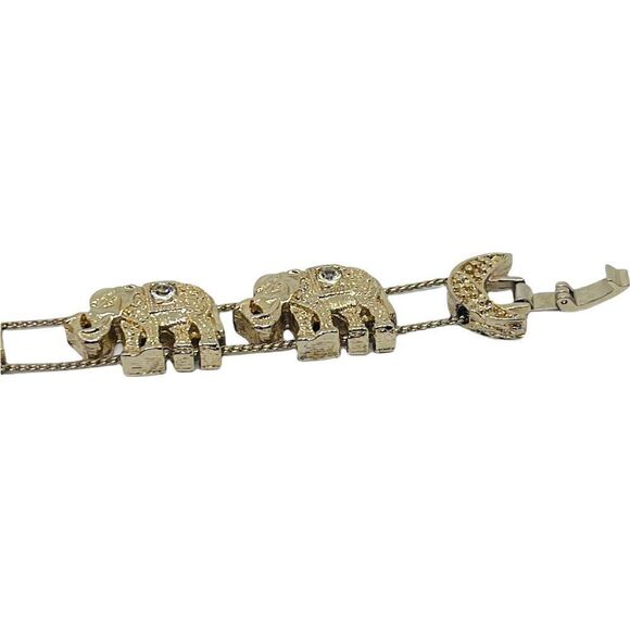 Six Elephant Goldtone Rhinestone Moving Bracelet - Picture 6 of 7
